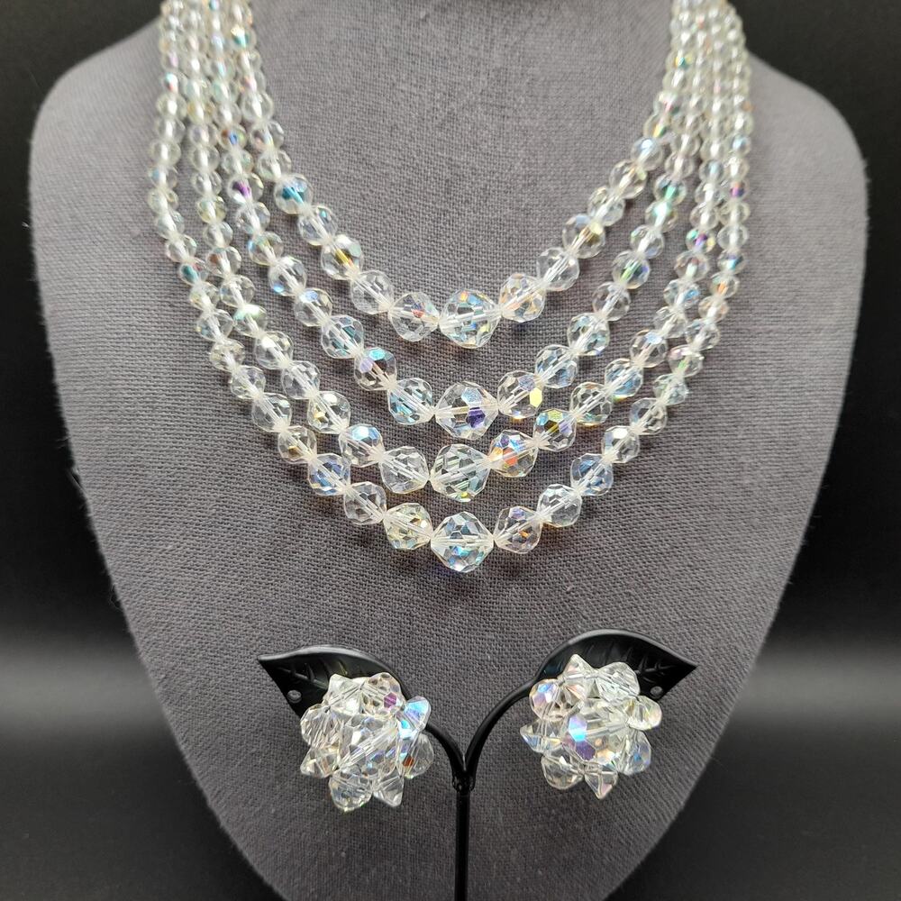 Clear Aurora Borealis Crystal Necklace Earrings Set, Four Strands, Clip Earrings
